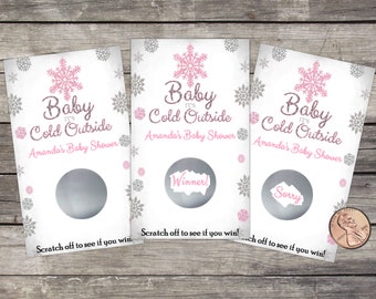 Baby Shower Scratch Off, Shower Game, Baby it's cold outside, Winter Wonderland, party game, scratch offs, lottery, Pink Silver, Snowflakes