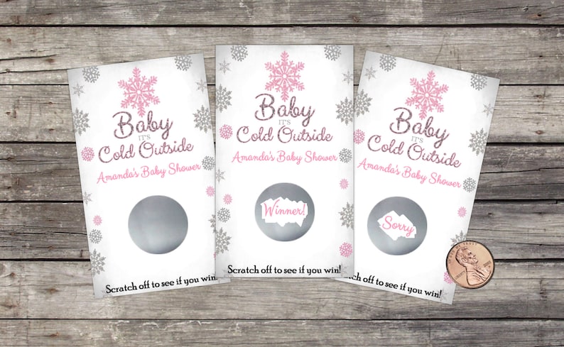 Baby Shower Scratch Off, Shower Game, Baby it's cold outside, Winter Wonderland, party game, scratch offs, lottery, Pink Silver, Snowflakes image 1