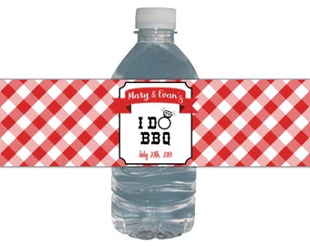May include: Red and white gingham patterned water bottle label with a black and white label that says "Mary & Evan's I Do BBQ July 20th, 2019".