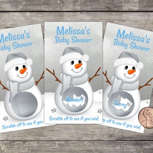 Baby Boy Shower Scratch Off Baby Shower Game Snowman Theme Winter Wonderland lottery party game Silver and Gold Snowman Snowwoman image 1