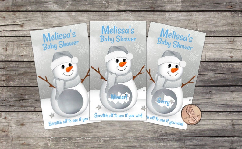 Baby Boy Shower Scratch Off Baby Shower Game Snowman Theme Winter Wonderland lottery party game Silver and Gold Snowman Snowwoman image 1
