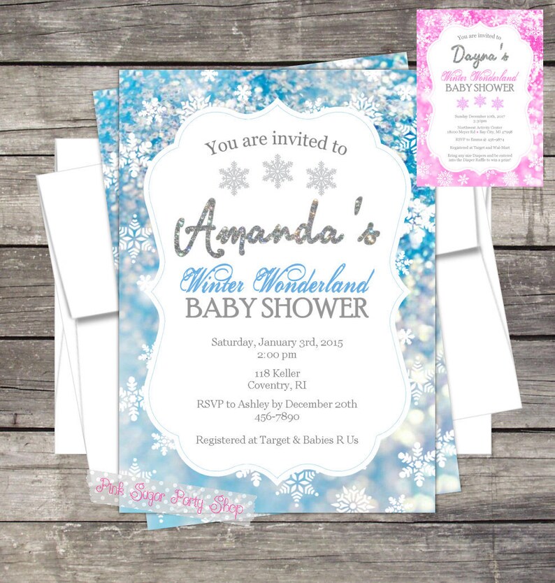 Winter Wonderland, Baby Shower Invitation, Personalized for your Event, Blue or Pink snowflakes, Holiday baby shower, Christmas baby, snow image 1