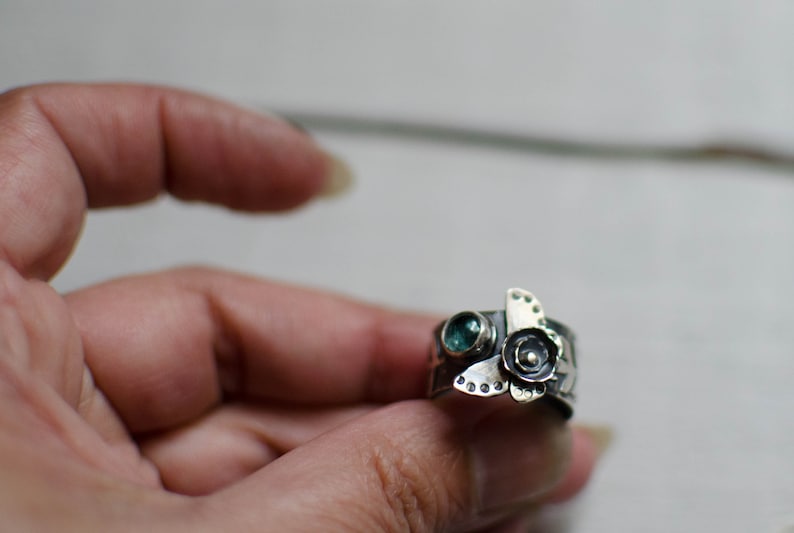 birthstone engraving unique style boho,gypsy solid silver ring butterfly stack tourmaline