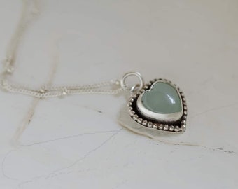 solid silver necklace, heart, aquamarine, minimalist, love, boho, unique, artisan jeweler, sky blue