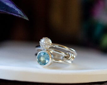Lot of minimalist ring in solid silver, aquamarine mother-of-pearl, stacking, romantic, boho, designer 925 silver ring, unique