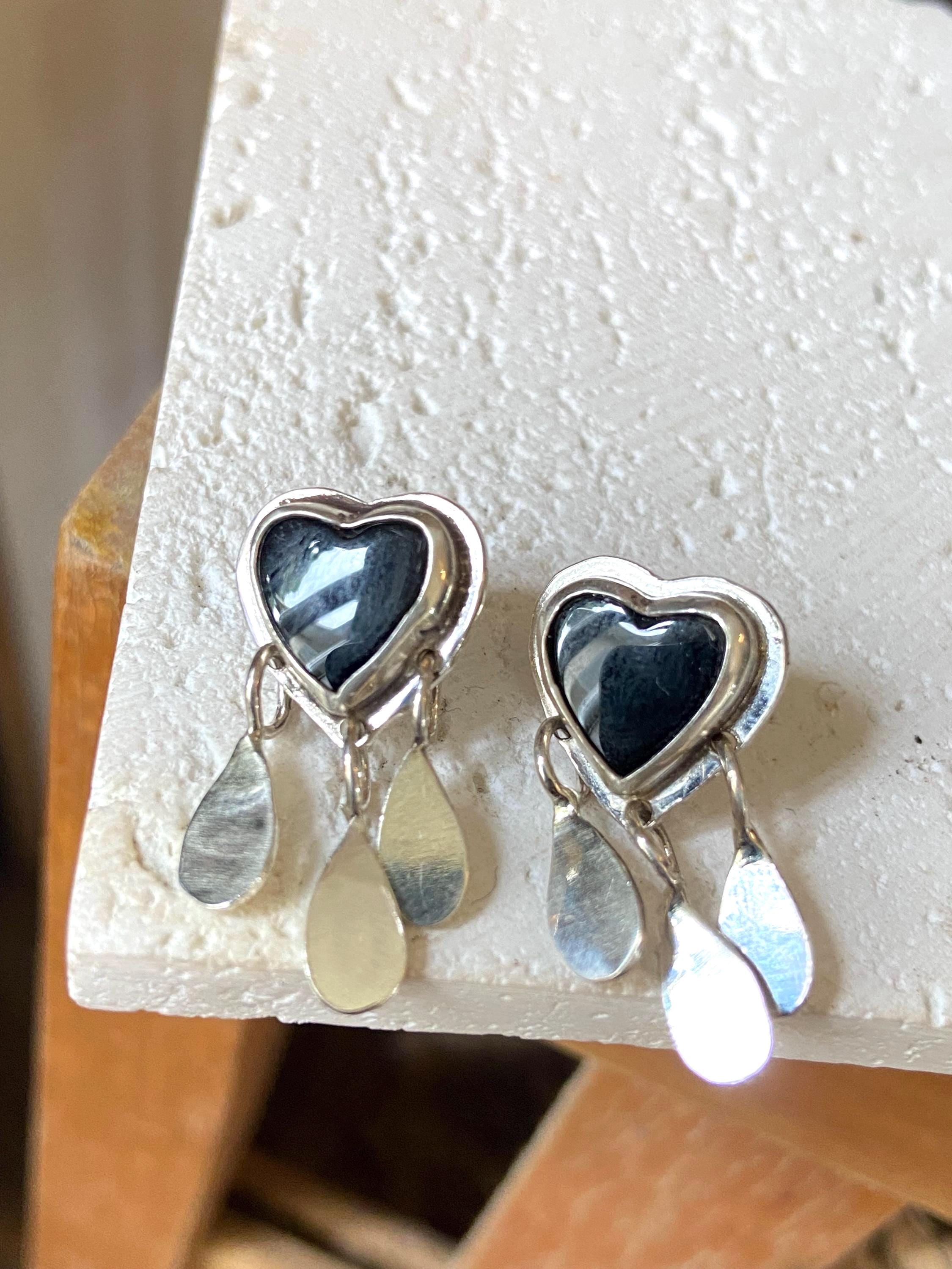 925 Silver Earring Onyx Heart Fringe Romantic Modern Gothic