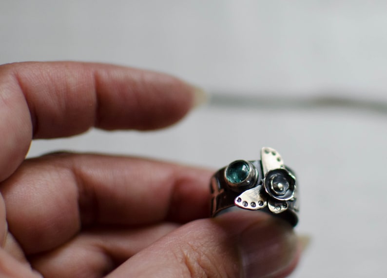 birthstone engraving unique style boho,gypsy solid silver ring butterfly stack tourmaline