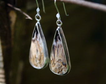 boucle d'oreille argent massif, fossile palmier, gypsy, witchy vive, longue boucle unique