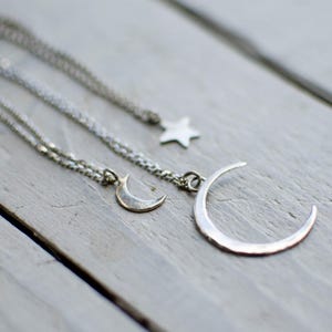 long solid silver moon necklace, minimalist, modern, nature