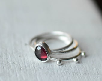 Minimalist sterling silver ring with garnet, stackable, beaded, boho style, 925 sterling silver designer ring