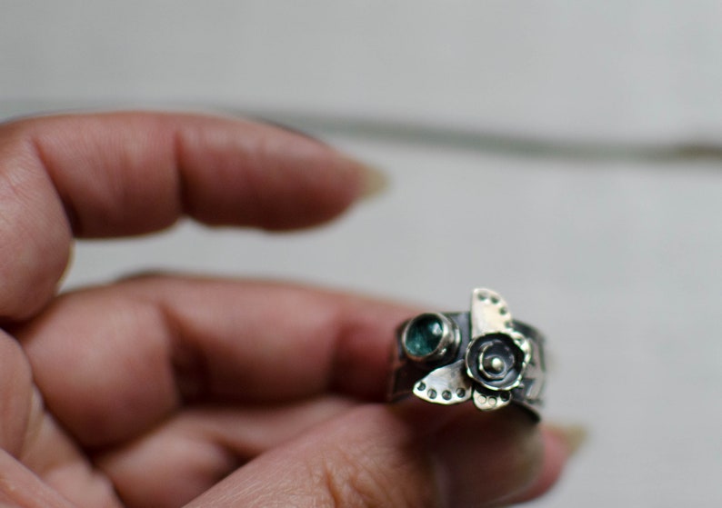 birthstone engraving unique style boho,gypsy solid silver ring butterfly stack tourmaline