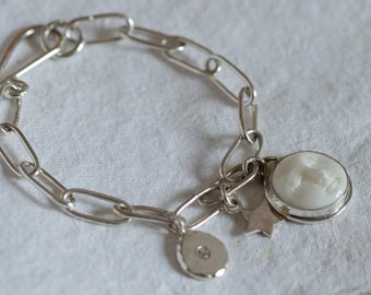 bracelet argent massif , lune etoile,gourmette ,minimaliste ,urbain , gros bracelet argent