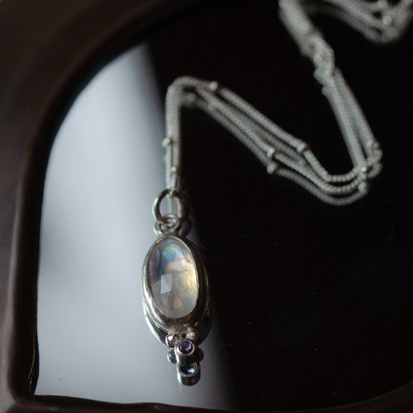 solid silver necklace, moonstone, minimalist, boho, unique, artisan jeweler