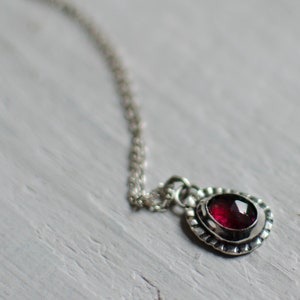 solid silver necklace, garnet, minimalist, delicate, red, artisan jeweler