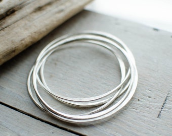 weekly silver 3 solid silver bangle bracelet, 2 mm irregular, plain, timeless, weekly, minimalist