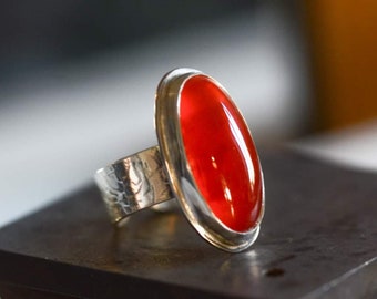 bague argent massif, cornaline,grosse bague , boheme, orange,nature,mystique,artisan bijoutier ,unique