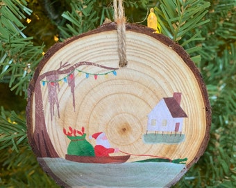 Santa on the Bayou with an alligator-Wood Slice Ornaments- 3.5"-4" Rustic Handmade Christmas Ornament