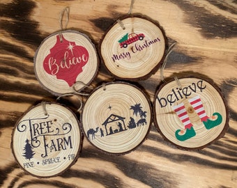 Rustic Wood Slice Ornaments-Christmas Handmade Ornament- 3 to 4" Wood Slices-Farmhouse Christmas