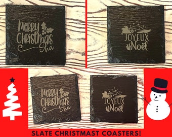 Louisiana Cajun Christmas-Slate Coaster-Engraved Drink Coaster-Santa on the bayou with alligators-Sha