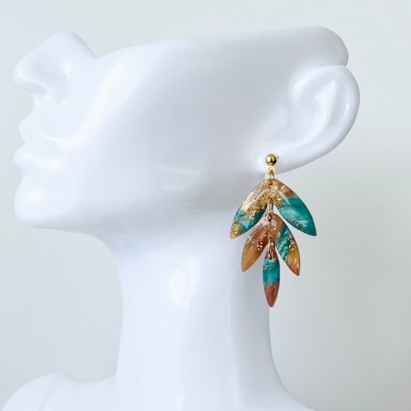 Desert Sea Three layered Petal earrings - Aqua, Gold, Bronze