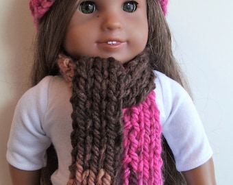 New Hand-Knit American Girl Doll Hat and Scarf Set in Shades of Pink and Brown for 18" Tall AG Doll