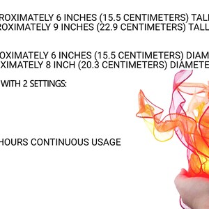 May include: A multi-colored light with two settings: solid color and multi-color flash. The light is rechargeable and has a battery life of 8-12 hours. The light is attached to a band that can be adjusted to fit different sizes. The band is approximately 6 inches (15.5 centimeters) in diameter for the mini band and 8 inches (20.3 centimeters) in diameter for the big band.