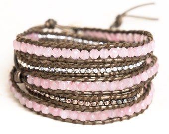 Rose quartz Wrap Bracelet- Boho Bracelet - Layering Bracelet- Gift for Woman- Unique Gift- Handmade- Crystal Bracelet