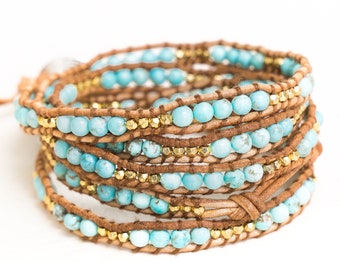 Turquoise Wrap Bracelet- -Boho Bracelet - Layering Bracelet -Gift for Woman-Unique Gift- Handmade -Gold Wrap-Natural Stone