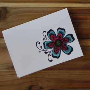Rosemaling Card Set, Norwegian Folk Art, Red and Blue Flower , Eight blank notecards and envelopes