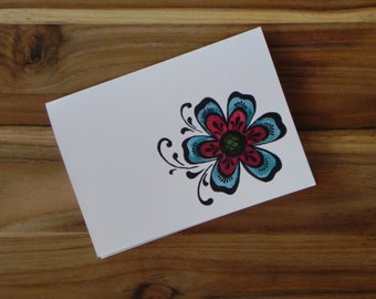 Rosemaling Card Set, Norwegian Folk Art, Red and Blue Flower , Eight blank notecards and envelopes
