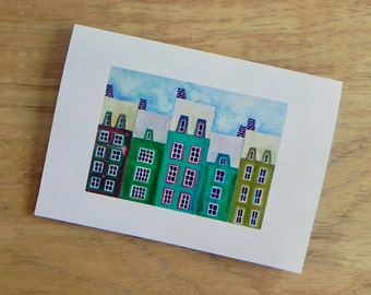 Turquoise Row Houses Card Set, Blank notecards with envelopes, House Art