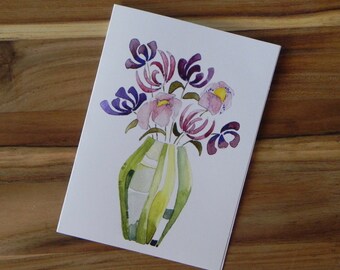 Vase of Flowers Card Set, blank notecards and envelopes, watercolor, purple, pink and green