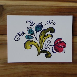 Rosemaling Card Set, Norwegian Folk Art, Blue and Red flower bouquet, Eight blank notecards and envelopes