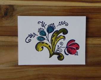 Rosemaling Card Set, Norwegian Folk Art, Blue and Red flower bouquet, Eight blank notecards and envelopes