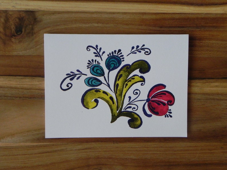 Rosemaling Card Set, Norwegian Folk Art, Blue and Red flower bouquet, Eight blank notecards and envelopes image 1