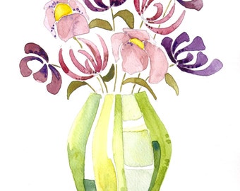 Vase of Purple Flowers, pink and plum, watercolor, print of original painting