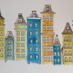Bright City Scene, watercolor and ink whimsical houses and buildings, baby room, print of original painting