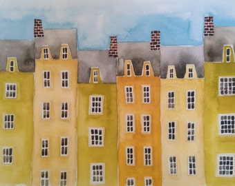 Yellow Row Houses, mustard and orange, print of original painting