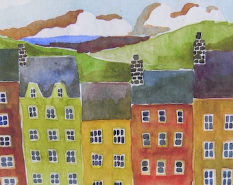 Village by Lake, bright watercolor houses, print of original painting