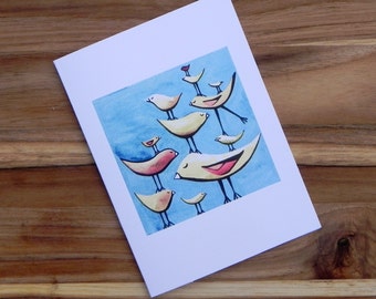 Happy birds on aqua, Eight blank notecards and envelopes