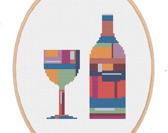 Wine Bottle and Glass, PDF, Cross Stitch Pattern, instant download