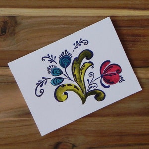 Rosemaling Card Set, Norwegian Folk Art, Blue and Red flower bouquet, Eight blank notecards and envelopes image 2