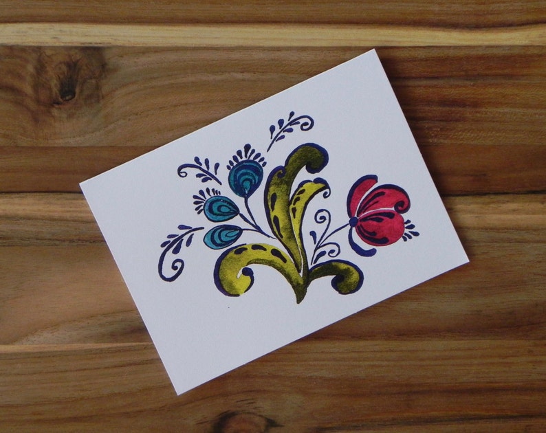 Rosemaling Card Set, Norwegian Folk Art, Blue and Red flower bouquet, Eight blank notecards and envelopes image 2