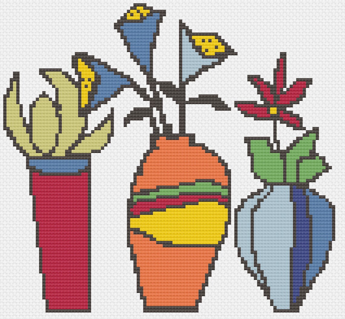 Three Vases PDF Cross Stitch Pattern Flowers Instant Etsy