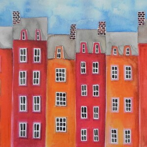 Red Row Houses, red and orange, print of original painting