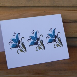 Rosemaling Card Set, Norwegian Folk Art, Blue Flowers, Eight blank notecards and envelopes