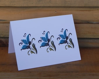 Rosemaling Card Set, Norwegian Folk Art, Blue Flowers, Eight blank notecards and envelopes