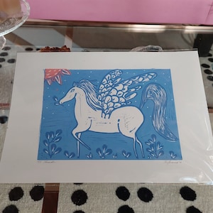 Thunder Pegasus manual lino print, vintage linogravure