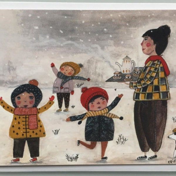 Carte postale unique faite main, petit mot éclectique, carte d'extérieur traditionnelle, mémo de scène d'hiver, message d'enfants heureux, carte de joie d'enfance, super maman