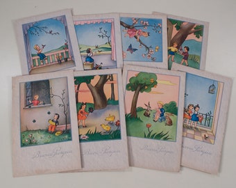 8 unused italian easter greeting postcards 50's 60's cute children illustrations ephemera